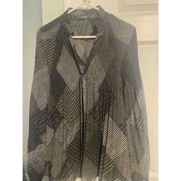 Lauren Ralph Lauren Top Sz L Pleated Georgette Swing Tunic Blouse Black Argyle - Picture 2 of 7